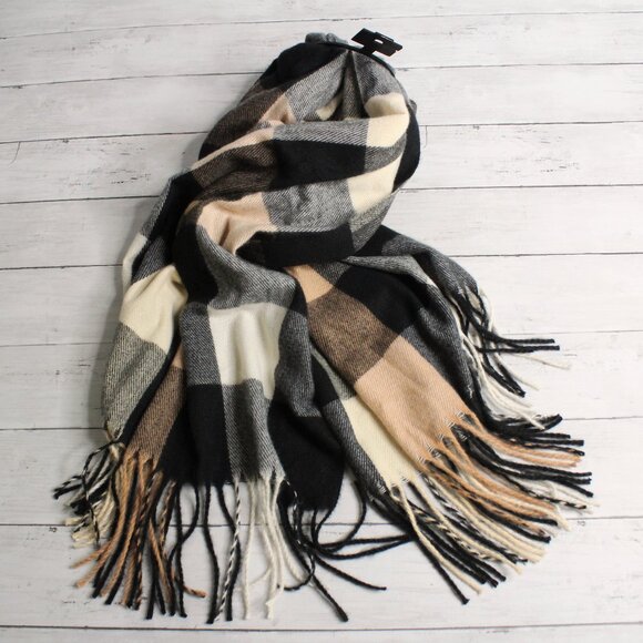 Sonoma Women's Winter Scarf One Size Plaid Fringe Neutral Colors - Picture 1 of 4